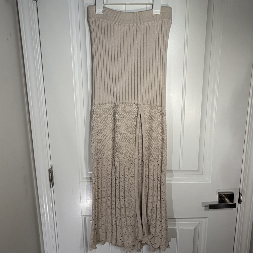 Free People XS Ribbed Knit Boho Maxi Skirt Beige Crochet Hem Festive Cottagecore - Picture 1 of 7